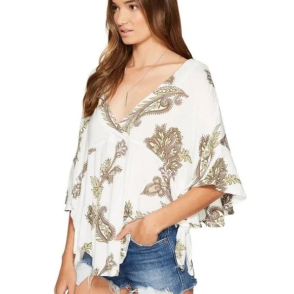 Free People Maui Wowie Palm Print Shirt Size S Surplice Neckline Poncho Sleeves - Picture 2 of 14